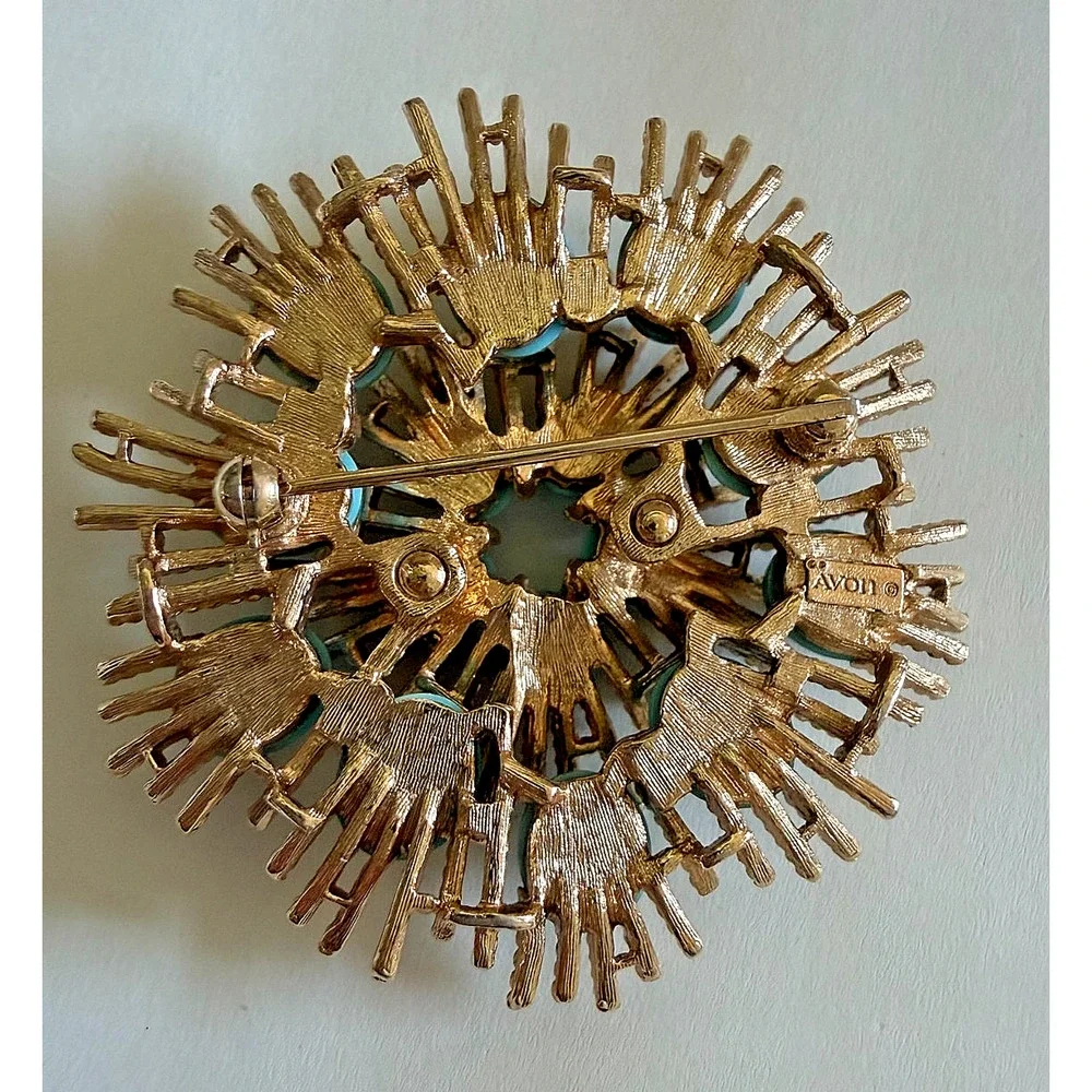 Vtg Signed Susan Caplan for Avon Starburst Gold & Turquoise Brooch